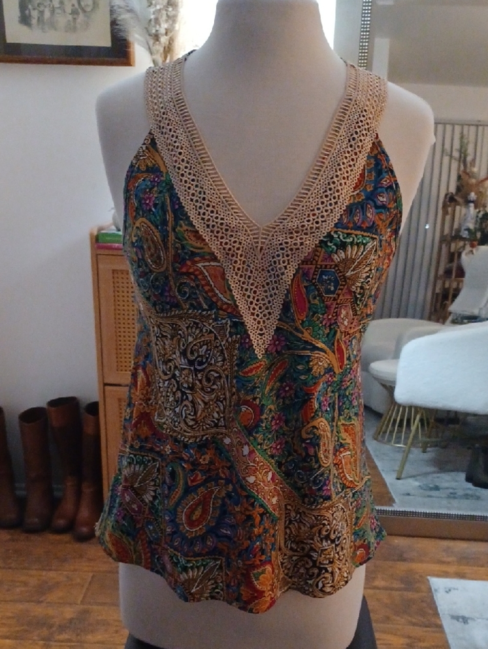 Shein Paisley Crochet-Trim Sleeveless Top in Multi